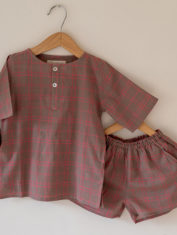 Kids-sleepwear-summer-wear-kurta-shorts-nightsuit-beige-pink-checks-1-fron