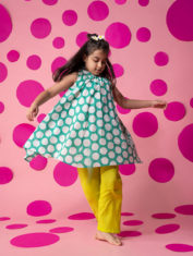 Set-of-2---Kin-Halter-neck-dress-in-teal-hand-block-print-polka-and-lime-green-cotton-pajamas-1