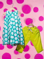 Set-of-2---Kin-Halter-neck-dress-in-teal-hand-block-print-polka-and-lime-green-cotton-pajamas-2