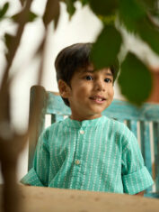 Barefoot-Boy-mandarin-collar-hand-block-printed-cotton-unisex-full-sleeve-summer-shirt-in-blue-with-white-polka-dots-for-boys-and-girls-4
