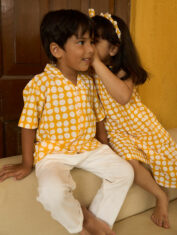 Boogie-kids-half-sleeve-shirt-in-yellow-polka-hand-block-print-cotton-7